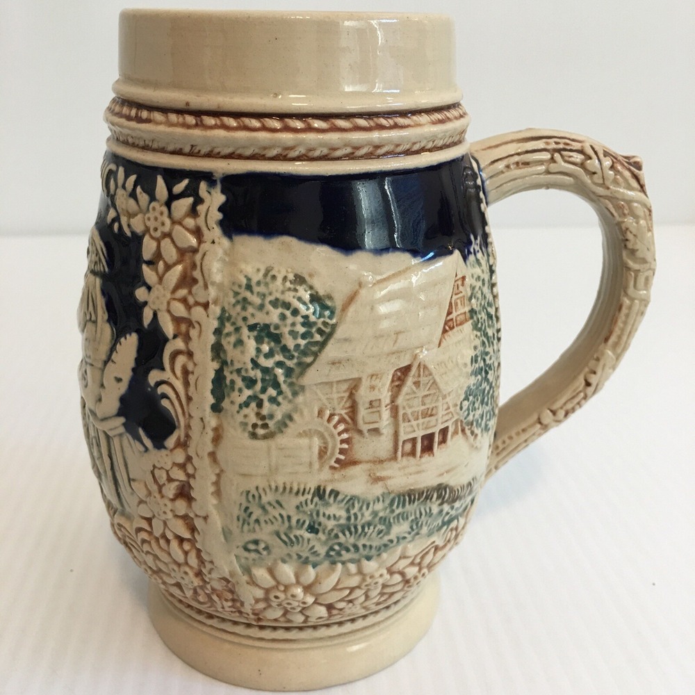 Vintage Beer Stein Mug Watermill Pub Tavern Scene Relief Pottery Signed 3042